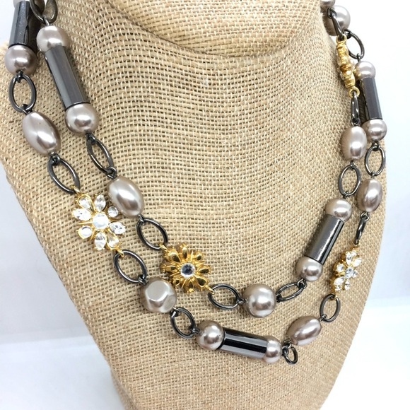 LIA SOPHIA LONG NECKLACE WITH GOLD RHINESTONE PEARL STATIONS GUNMETAL 36” LONG - Picture 6 of 12